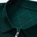 Rhombus Textured Zip Up Knitted Polo Shirt & Tapered Trousers Set