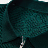 Rhombus Textured Zip Up Knitted Polo Shirt & Tapered Trousers Set