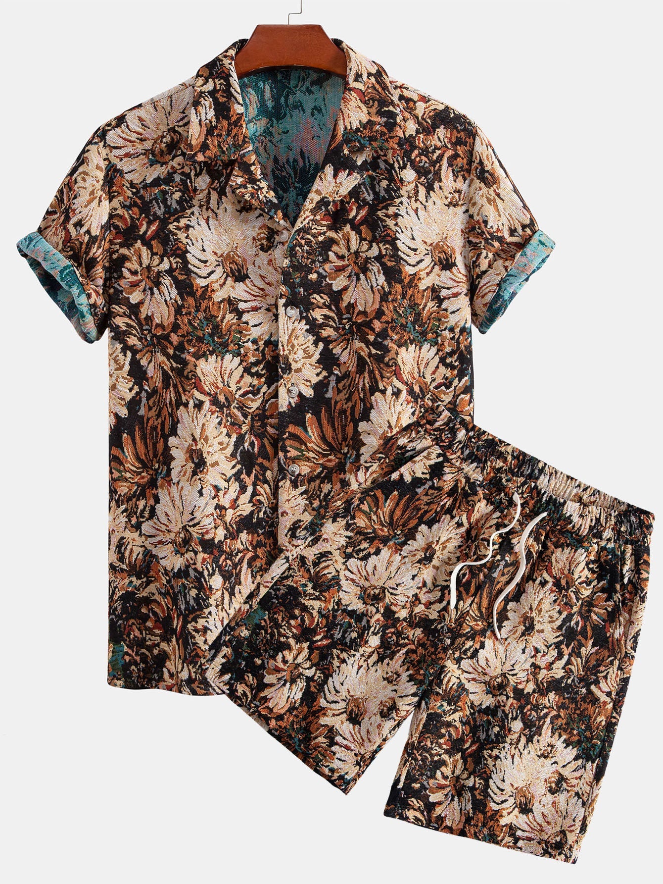 Painted Floral Jacquard Cuban Shirt & Shorts Set