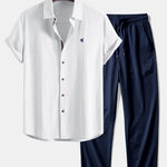 Short Sleeve Linen Shirt & Crinkle Textured Straight Leg Pants Set