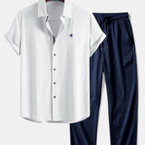 Short Sleeve Linen Shirt & Crinkle Textured Straight Leg Pants Set
