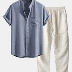 Short Sleeve Stand Collar Shirt & Straight Leg Linen Pants Set