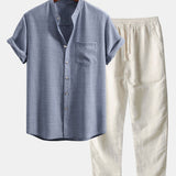 Short Sleeve Stand Collar Shirt & Straight Leg Linen Pants Set