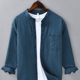 Long Sleeve Linen Cotton Stand Collar Shirt with Pocket