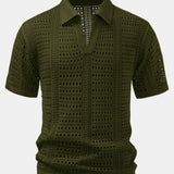 Crochet V Neck Polo Shirt & Straight Leg Linen Pants Set