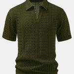 Crochet V Neck Polo Shirt & Crinkle Textured Drawstring 5" Shorts Set