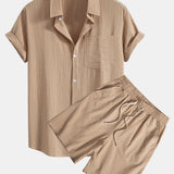 Linen Striped Shirt & Drawstring Shorts Set