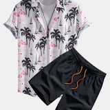 Palm Tree Flamingo Print Shirt & Swim Shorts Set