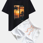 Palm Trees Landscape Slogan Print Oversize T-Shirt & Swim Shorts Set