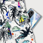 Linen Rayon Blend Shirt & Palm Tree Sailboat Print Swim Shorts Set