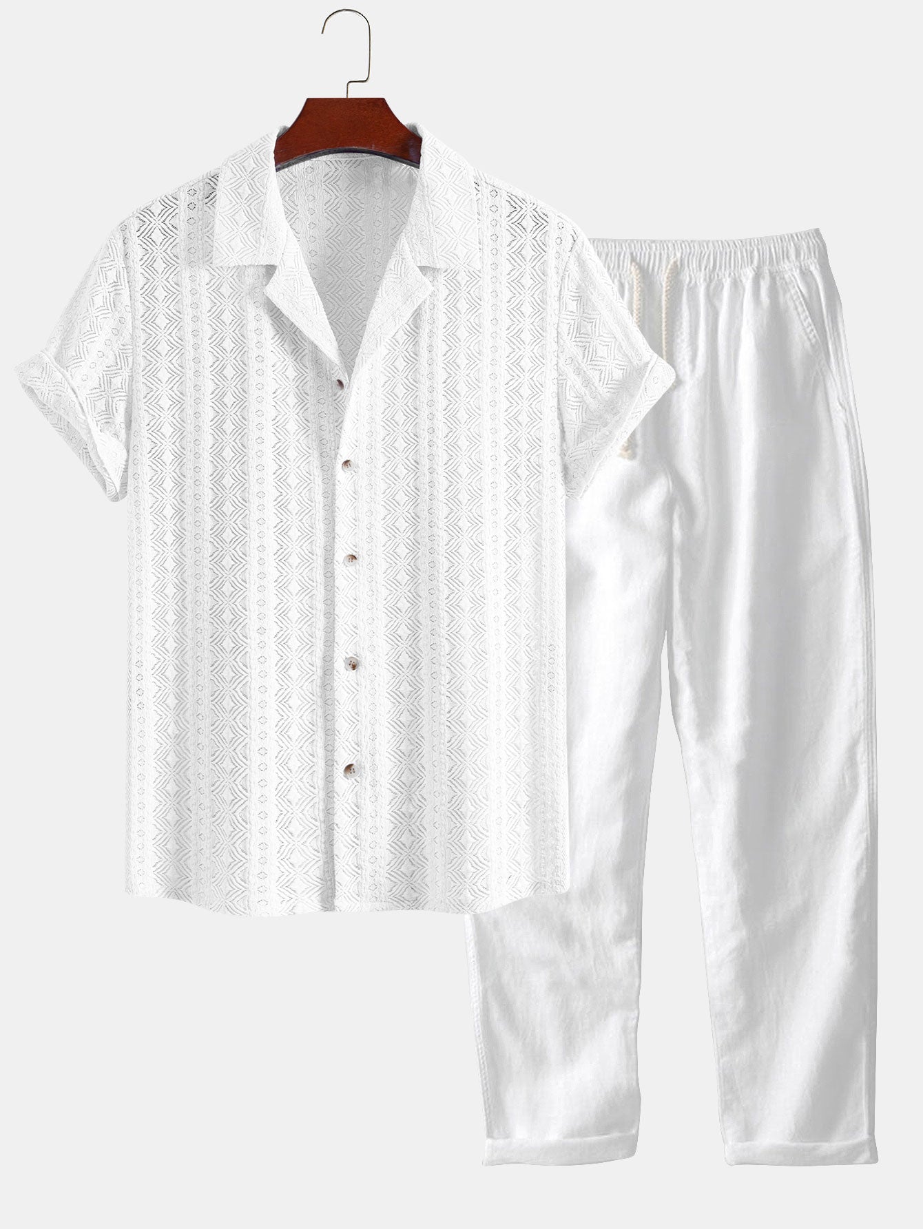 Geometric Jacquard Cuban Shirt & Straight Leg Linen Pants Set