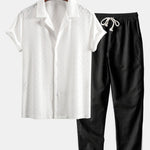 Muscle Fit Diamond Texture Cuban Shirt & Straight Leg Linen Pants Set