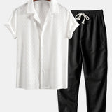 Muscle Fit Diamond Texture Cuban Shirt & Straight Leg Linen Pants Set