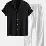 Waffle Textured Cuban Shirt & Straight Leg Linen Pants Set