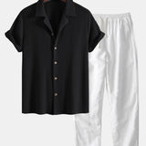 Waffle Textured Cuban Shirt & Straight Leg Linen Pants Set
