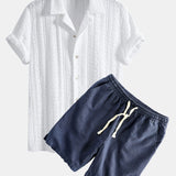 Geometric Jacquard Textured Cuban Shirt & Linen Cotton Blend Shorts Set
