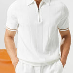 Men's Vertical Stripe Zip Placket Knit Polo with Contrast Cuffs