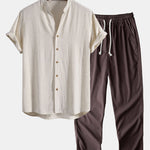 V Neck Linen Rayon Blend Shirt & Straight Leg Linen Pants Set