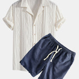 Geometric Jacquard Eyelet Cuban Shirt & Linen Cotton Blend Shorts Set