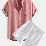 Short Sleeve Stand Collar Shirt & Linen Drawstring Shorts Set