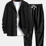Long Sleeve Corduroy Cuban Collar Shirt & Straight Leg Linen Pants Set