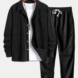 Long Sleeve Corduroy Cuban Collar Shirt & Straight Leg Linen Pants Set