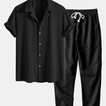 Short Sleeve Waffle Cuban Shirt & Straight Leg Linen Pants Set