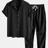Short Sleeve Waffle Cuban Shirt & Straight Leg Linen Pants Set