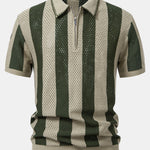 Striped Eyelet Knit Zip Up Polo Shirt & Straight Leg Linen Pants Set