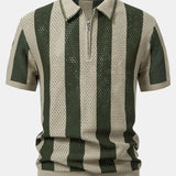 Striped Eyelet Knit Zip Up Polo Shirt & Straight Leg Linen Pants Set