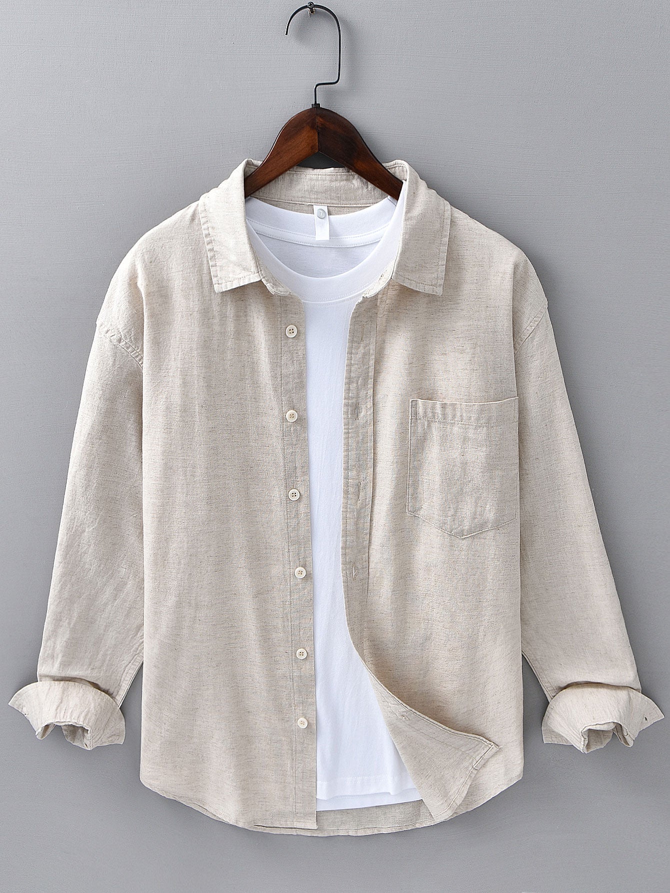 Long Sleeve Linen Cotton Shirt with Pocket