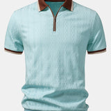 Contrast Trim Textured Zipper Knit Polo & Elastic Waist Trousers Set