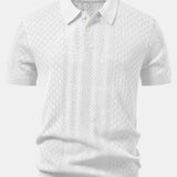 Geometric Jacquard Open Knit Polo & Straight Leg Linen Pants Set