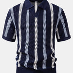 Striped Crochet V Neck Polo & Crinkle Textured Drawstring 5" Shorts Set