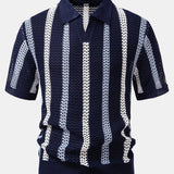 Striped Crochet V Neck Polo & Crinkle Textured Drawstring 5" Shorts Set
