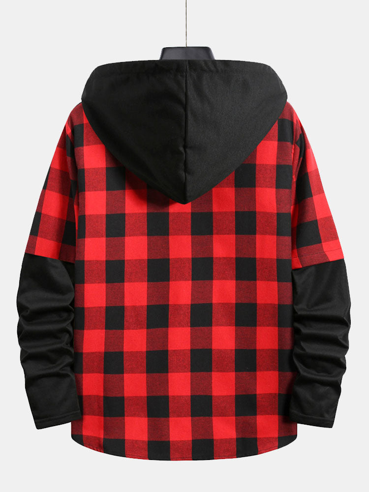 Contrast Plaid Drawstring Hooded Shirt