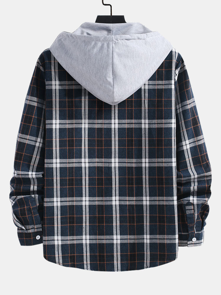 Contrast Plaid Button Up Hoodie Shirt