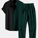 Two Tone Muscle Fit Ribbed Stand Collar Shirt & Ribbed Pants Set