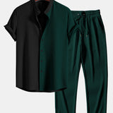 Two Tone Muscle Fit Ribbed Stand Collar Shirt & Ribbed Pants Set