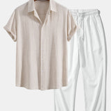 Linen Rayon Blend Shirt & Wrinkle Textured Straight Leg Pants Set