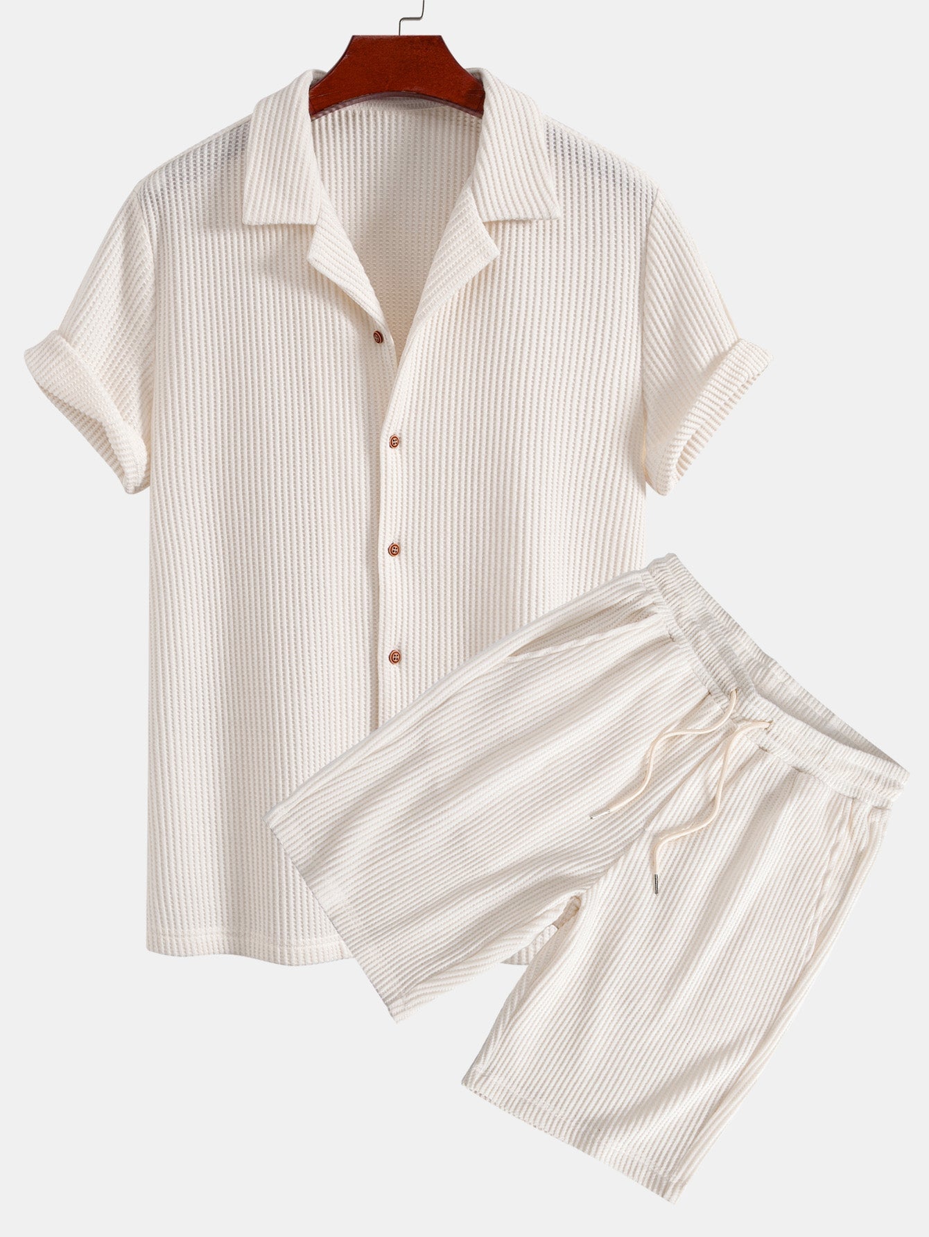 Waffle Shirt & Drawstring Knitted Waffle Shorts Set