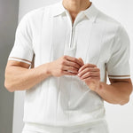 Men's Vertical Stripe Zip Placket Knit Polo with Contrast Cuffs