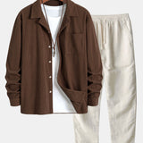 Long Sleeve Corduroy Cuban Collar Shirt & Straight Leg Linen Pants Set