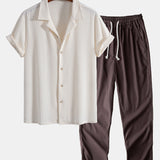 Short Sleeve Waffle Cuban Shirt & Straight Leg Linen Pants Set
