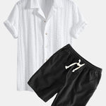 Geometric Jacquard Textured Cuban Shirt & Linen Cotton Blend Shorts Set