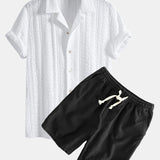Geometric Jacquard Textured Cuban Shirt & Linen Cotton Blend Shorts Set