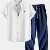 Short Sleeve Linen Stand Collar Shirt & Straight Leg Linen Pants Set