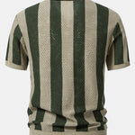 Striped Eyelet Knit Zip Up Polo Shirt & Straight Leg Linen Pants Set