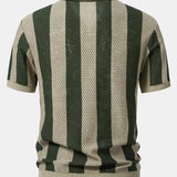 Striped Eyelet Knit Zip Up Polo Shirt & Straight Leg Linen Pants Set