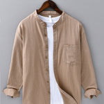 Long Sleeve Linen Cotton Stand Collar Shirt with Pocket